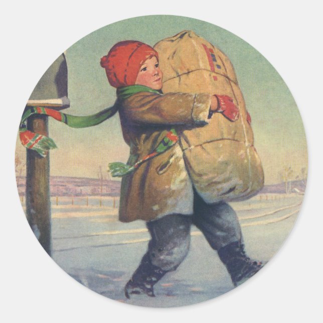 Weihnachten, Kind mit großem Paket Runder Aufkleber (Vorderseite)