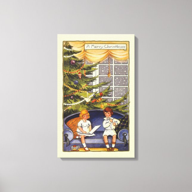 Weihnachten, Kinder auf einer Couch sitzen Leinwanddruck (Vorderseite)