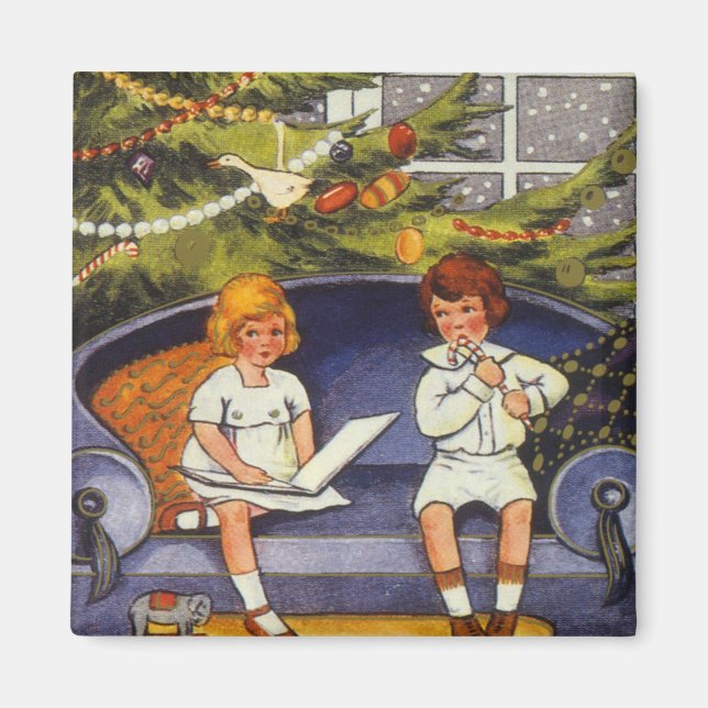 Weihnachten, Kinder auf einer Couch sitzen Magnet (Vorne)