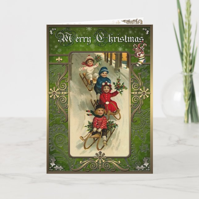 Weihnachten - Kinder gehen auf einem Schlitten den (Vorderseite)