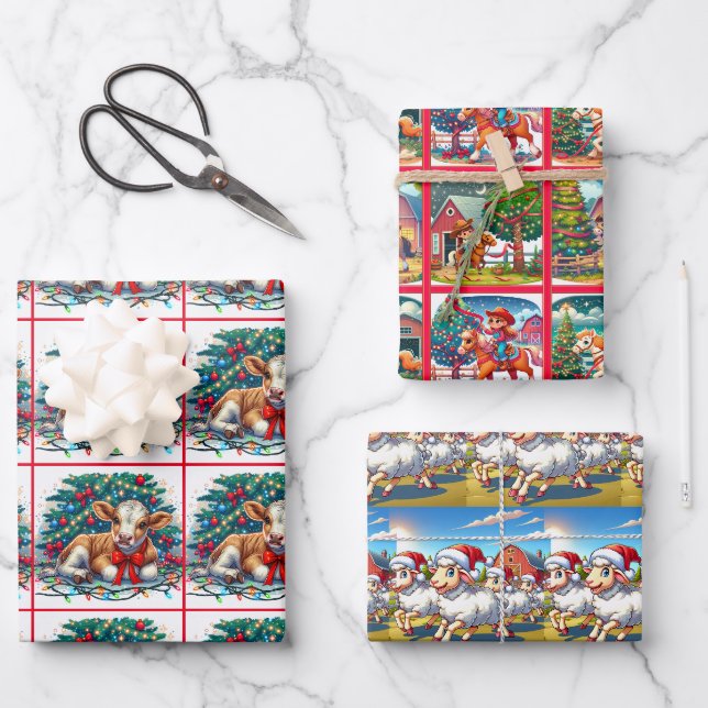 Weihnachten Kinder Pferde Kalb und Schafe Geschenkpapier Set (Vorderseite)