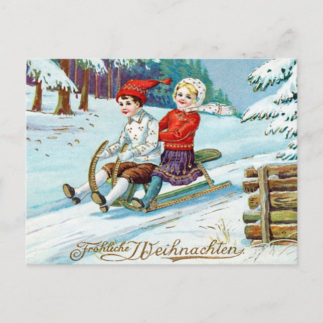 Weihnachten Kinder Rodelbahn Postkarte (Vorderseite)
