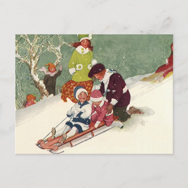 Weihnachten, Kinder Rodeln im Schnee Feiertagspostkarte (Vorderseite)