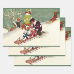 Weihnachten, Kinder Rodeln im Schnee Geschenkpapier Set