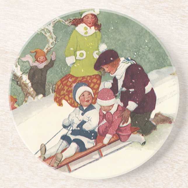 Weihnachten, Kinder Rodeln im Schnee Getränkeuntersetzer (Vorne)