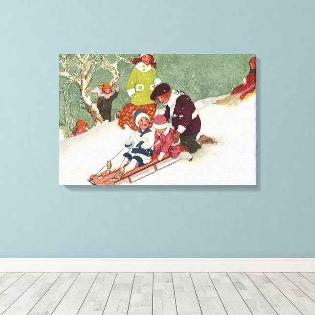 Weihnachten, Kinder Rodeln im Schnee Leinwanddruck (Insitu (Holzboden))