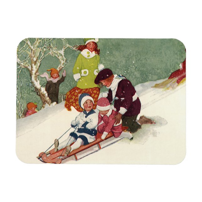 Weihnachten, Kinder Rodeln im Schnee Magnet (Horizontal)