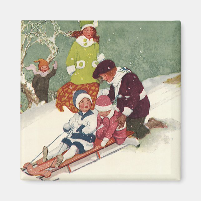 Weihnachten, Kinder Rodeln im Schnee Magnet (Vorne)