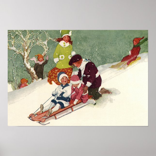 Weihnachten, Kinder Rodeln im Schnee Poster (Vorne)