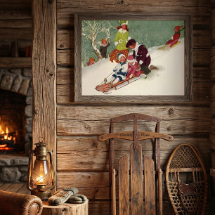Weihnachten, Kinder Rodeln im Schnee Poster