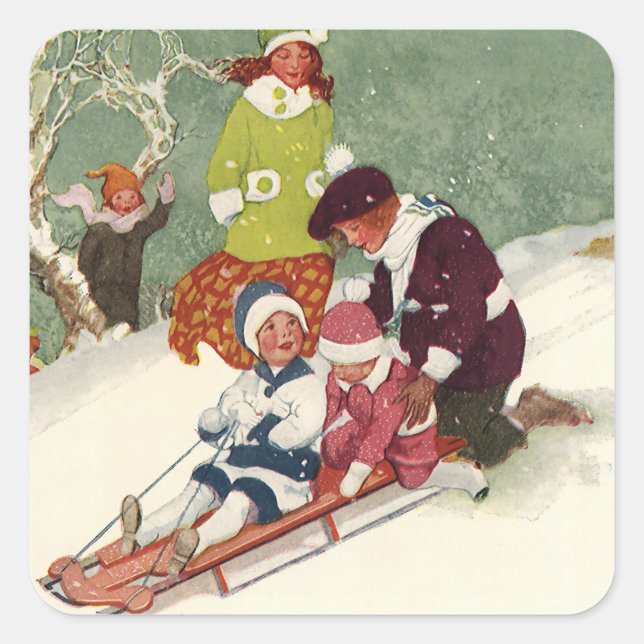 Weihnachten, Kinder Rodeln im Schnee Quadratischer Aufkleber (Vorderseite)