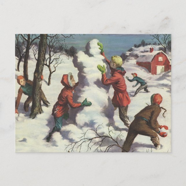 Weihnachten, Kinder Schneeballkampf Feiertagspostkarte (Vorderseite)