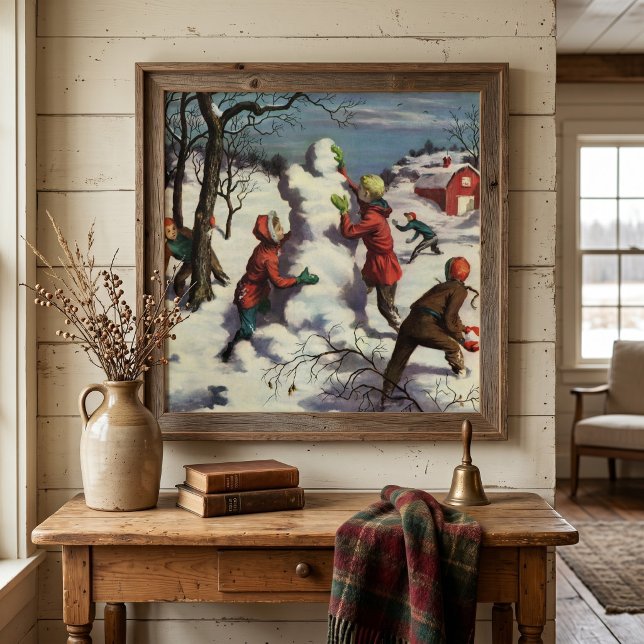 Weihnachten, Kinder Schneeballkampf Poster (Vintage illustration Christmas design featuring children building a snowman and a snowball fight. )