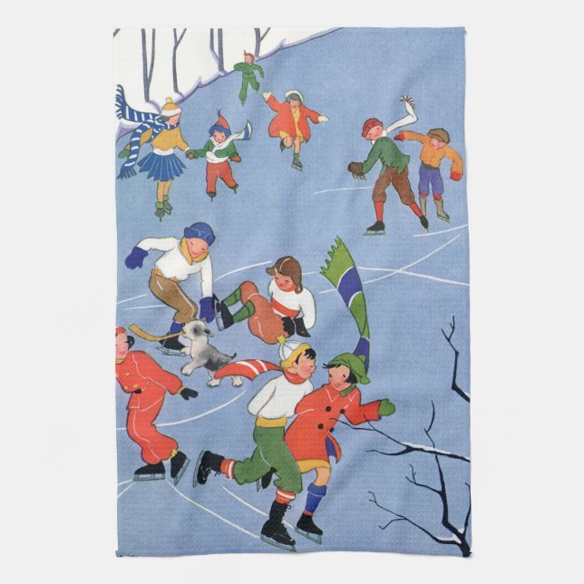 Weihnachten, Kindereis-Skaten auf dem See Geschirrtuch (Vertikal)