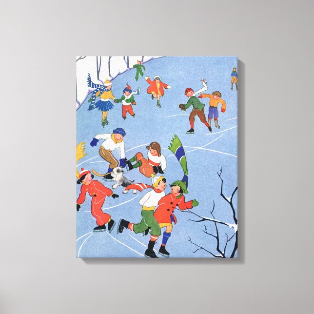 Weihnachten, Kindereis-Skaten auf dem See Leinwanddruck (Vorderseite)