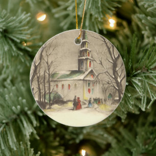 Weihnachten, Kirche im Winter Schnee Keramikornament