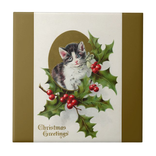 Weihnachten Kitten Gold Keramik Tile Fliese (Vorderseite)