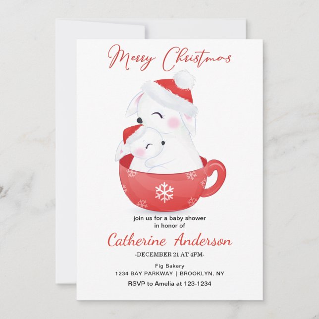 Weihnachten Kleine Hasen in einer Tasse Kinderdusc Einladung (Vorderseite)