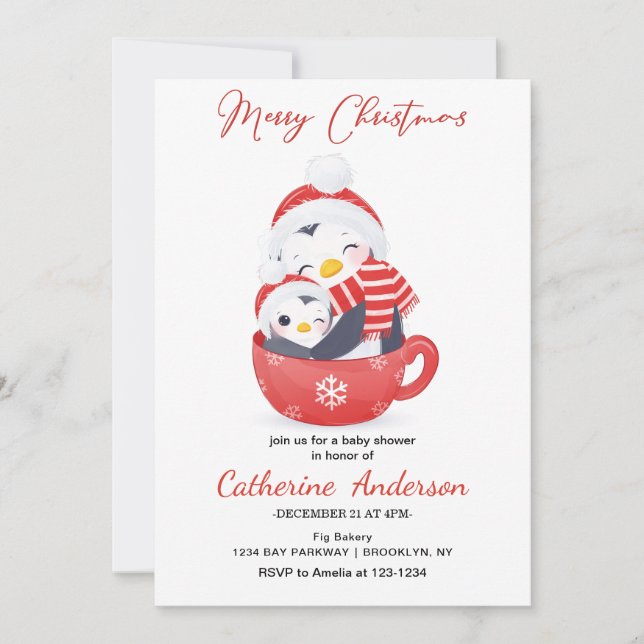 Weihnachten kleine Pinguine in einer Tasse Kinderd Einladung (Vorderseite)