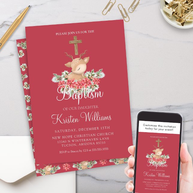 Weihnachten Kleiner liebe Taufe Christening Cross Einladung (Cute Little Dear Christmas Winter Baptism Invitaiton with Poinsettia and Pine Floral Script)