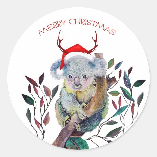 Weihnachten Koala mit Weihnachtsmannmütze Runder Aufkleber (Vorderseite)