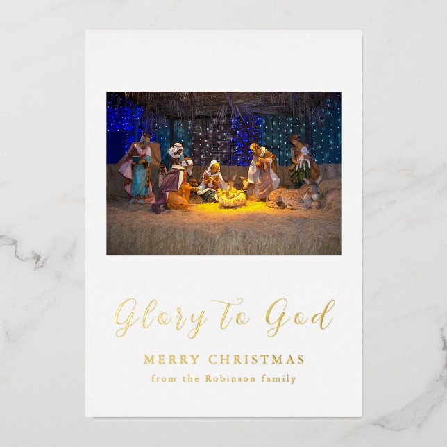 Weihnachten Krippe Ruhm zu Gott Gold Folieneinladung (Vorderseite)