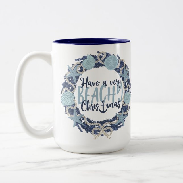 Weihnachten Küste Tropisches Meer Muschel Wreath - Zweifarbige Tasse (Links)