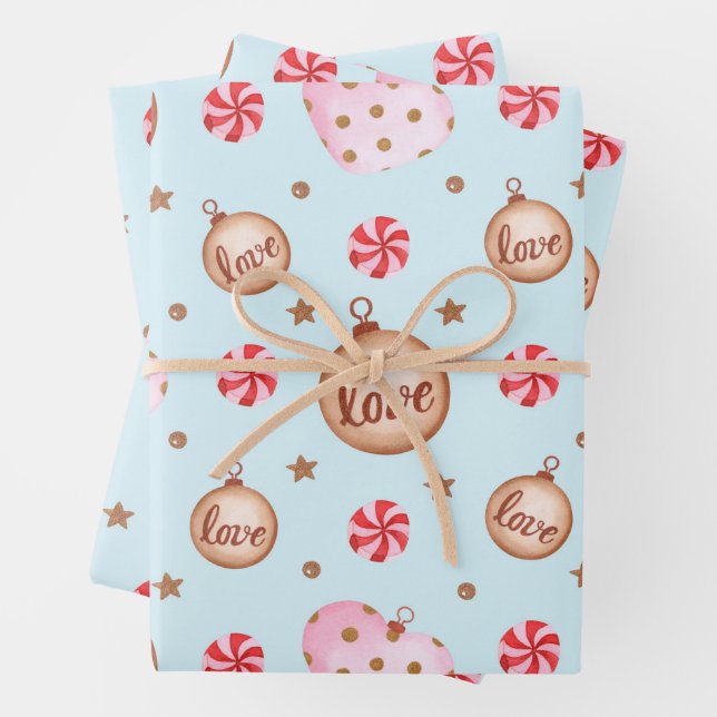 Weihnachten Light Blue Pink Herzdekoration mit Lie Geschenkpapier Set (Beispiel)