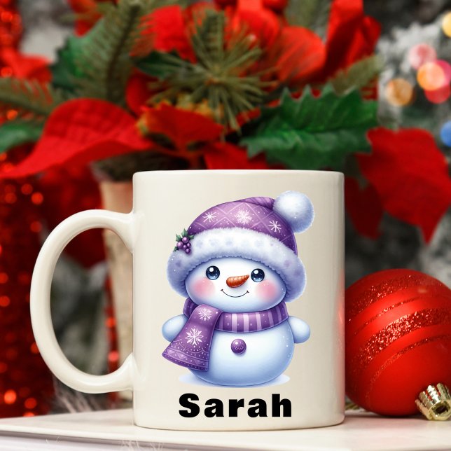 Weihnachten Lila Snowman Individuelle Name Kaffeetasse (Christmas Purple Snowman Custom Name Coffee Mug)