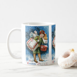 Weihnachten, Mädchen mit Geschenken im Winter Schn Kaffeetasse