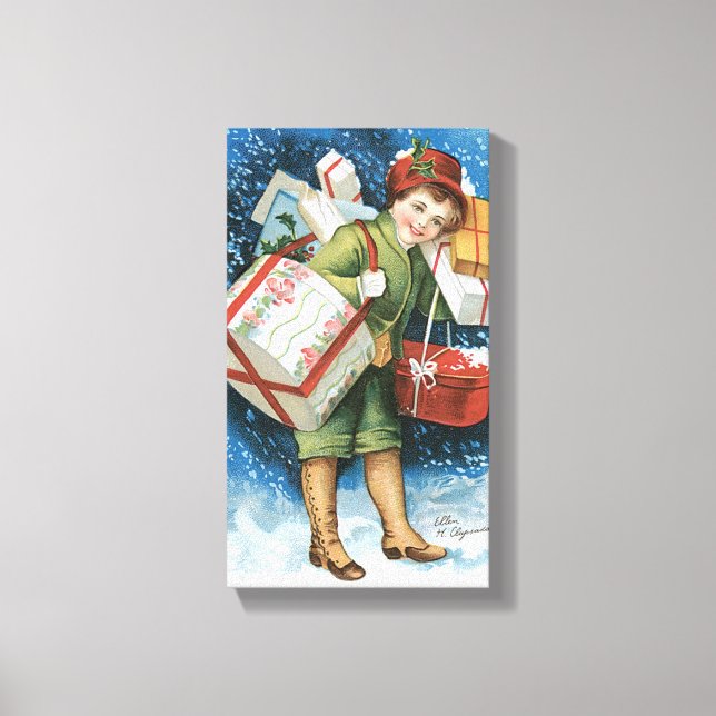 Weihnachten, Mädchen mit Geschenken im Winter Schn Leinwanddruck (Vorderseite)
