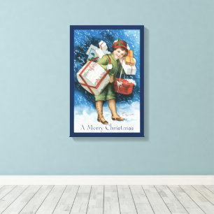 Weihnachten, Mädchen mit Geschenken im Winter Schn Leinwanddruck