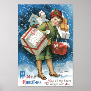 Weihnachten, Mädchen mit Geschenken im Winter Schn Poster