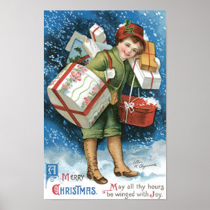 Weihnachten, Mädchen mit Geschenken im Winter Schn Poster
