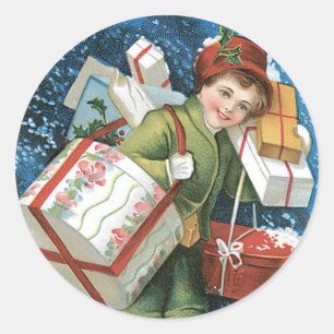 Weihnachten, Mädchen mit Geschenken im Winter Schn Runder Aufkleber