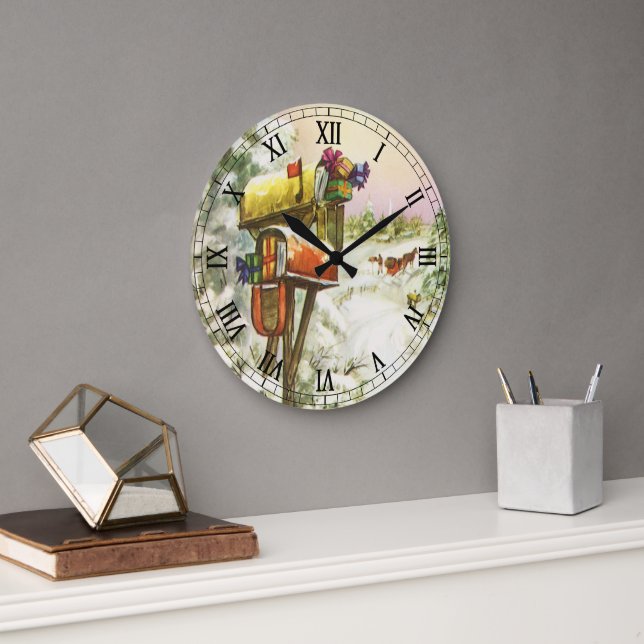 Weihnachten, Mailboxen im Winter Landschaft Große Wanduhr (Büro)