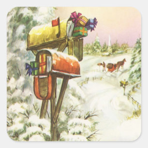 Weihnachten, Mailboxen im Winter Landschaft Quadratischer Aufkleber