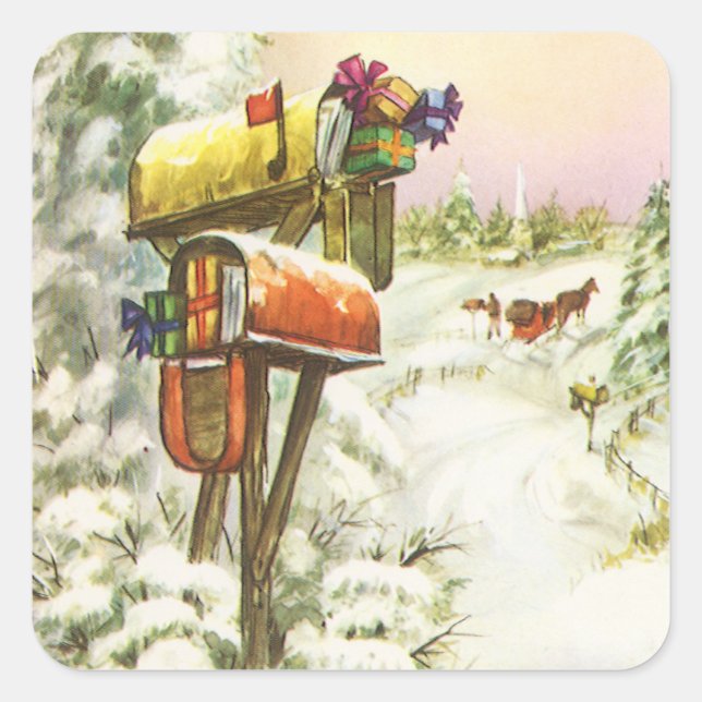 Weihnachten, Mailboxen im Winter Landschaft Quadratischer Aufkleber (Vorderseite)