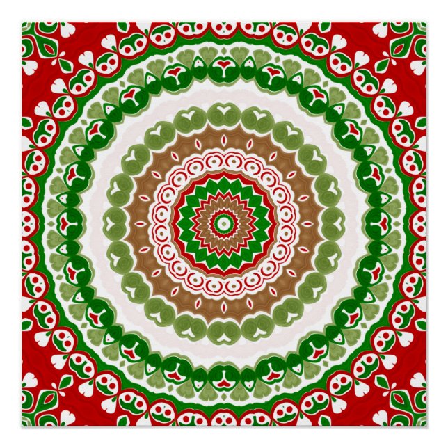 Weihnachten Mandala in Rot, Grün und Warm Gold Poster (Vorderseite)