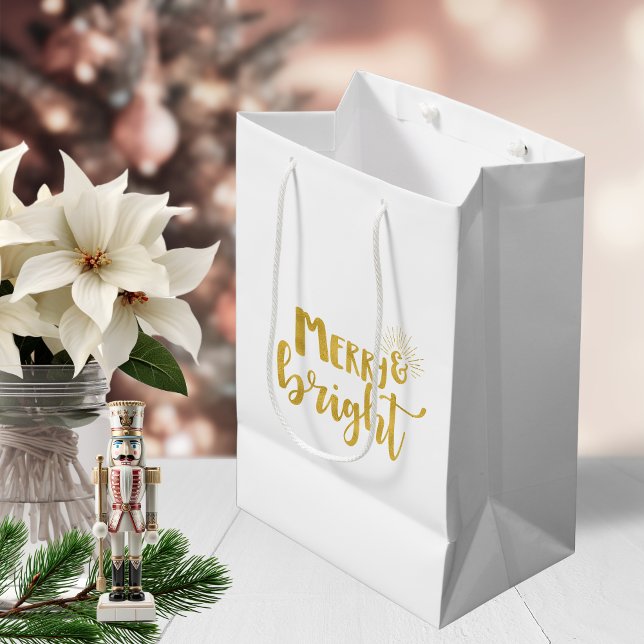 Weihnachten Merry and Bright Imitate Gold Typograf Mittlere Geschenktüte (Christmas Merry and Bright Faux Gold Typography Medium Gift Bag)