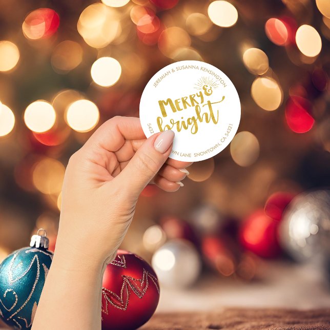 Weihnachten Merry Bright Gold Foil Adresse Runder Aufkleber (Festive Christmas Merry Bright Gold Foil Address Classic Round Sticker)