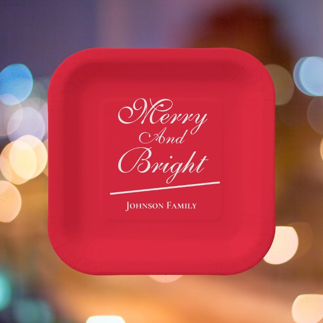 Weihnachten Merry & Bright Personalisierte Familie Pappteller (Christmas "Merry & Bright" personalized chic red paper plates.)