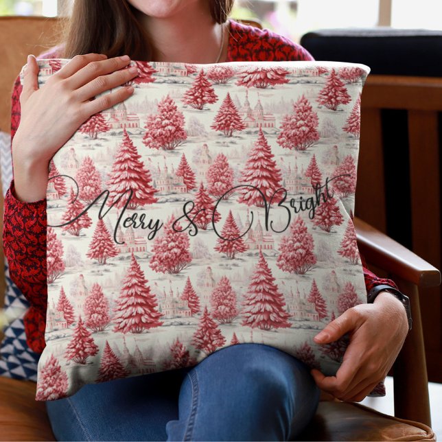 Weihnachten Merry & Bright Pink & Red Kissen (Merry & Bright Christmas accent throw pillow, pink and red snowy trees winter wonderland pattern )