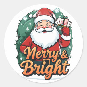 Weihnachten - "Merry & Bright Santa" Runder Aufkleber