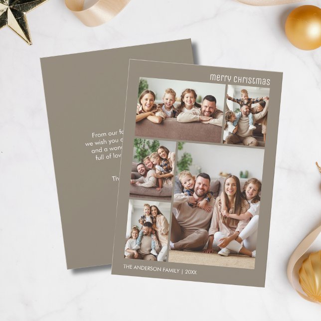 Weihnachten Minimalistisch 5 Foto Collage Familie  (Christmas Minimalist 5 Photo Collage Family Taupe Holiday Card)