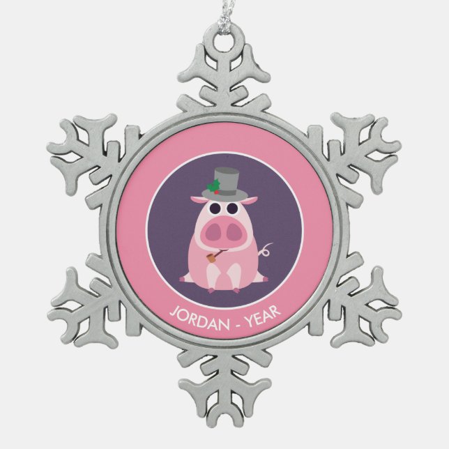 Weihnachten misstrauisch das Schwein Schneeflocken Zinn-Ornament (Vorderseite)