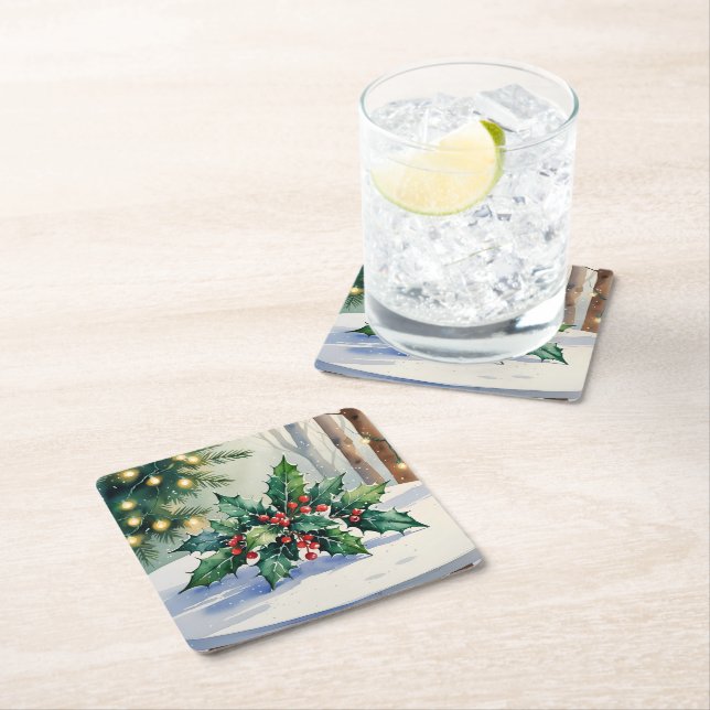 Weihnachten Mistletoe Holiday Watercolor Rechteckiger Pappuntersetzer (Vor Ort)