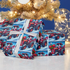 Weihnachten mit dem Auto eines roten Traktors Geschenkpapier