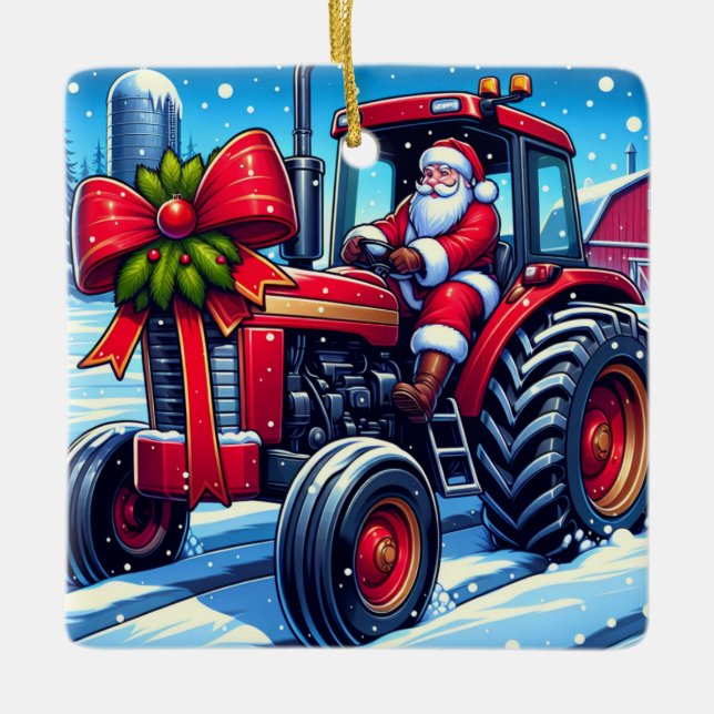 Weihnachten mit dem Auto eines roten Traktors Keramikornament (Vorderseite)