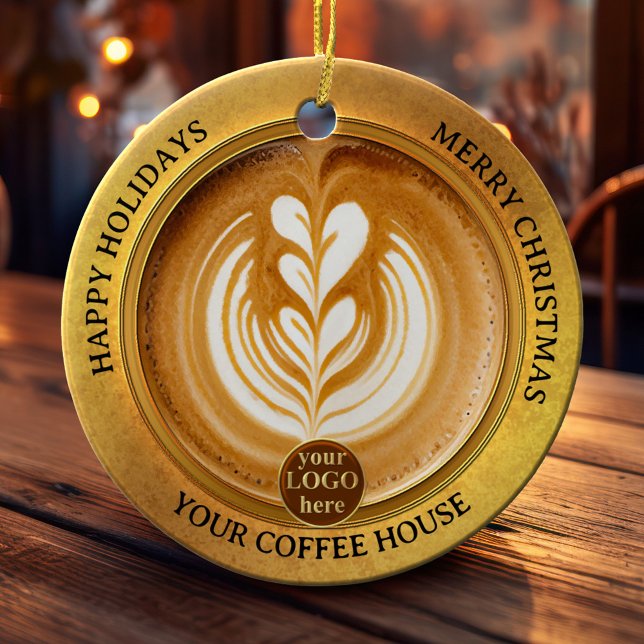 Weihnachten mit dem Coffee House Logo Keramik Ornament (Christmas ornament featuring a cappuccino in an elegant gold styled design with your custom logo)